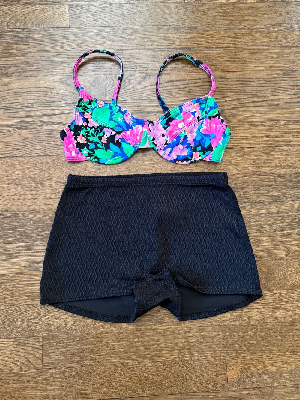 80s Floral Bikini Top with Black Swim Shorts